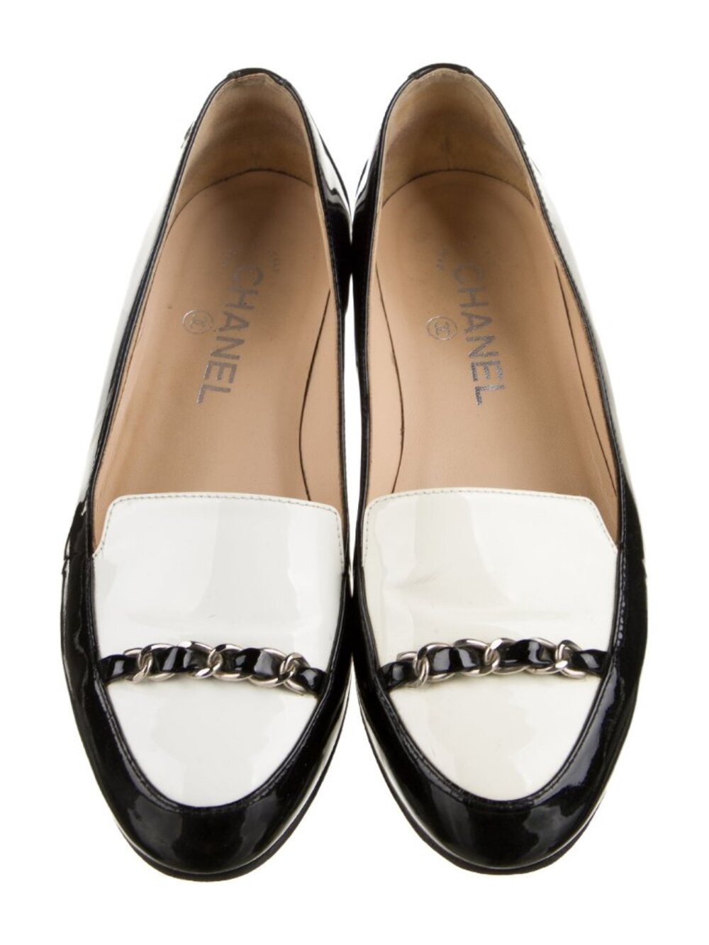 Chanel CC Logo Chain Black White Patent Leather Loafers - Picture 3 of 5
